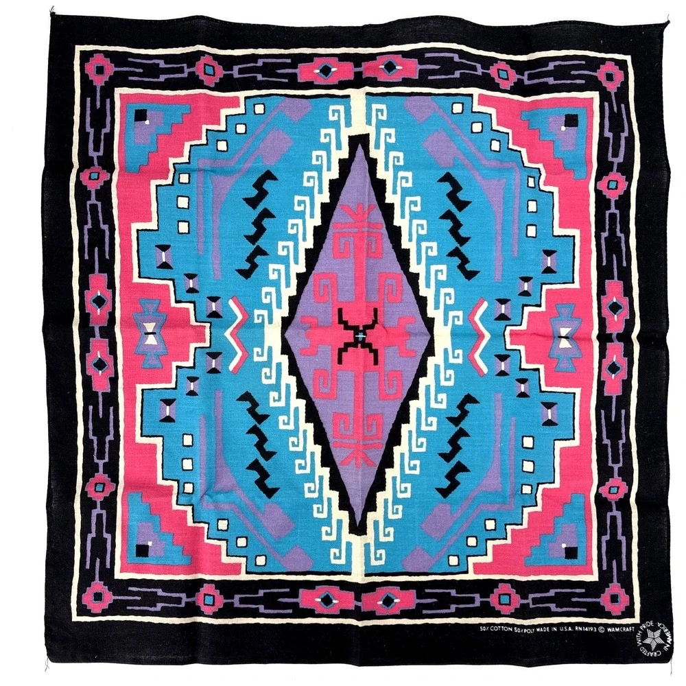 Vtg Southwestern Biker BANDANA Hanky Black Pink Teal Wamcraft Western